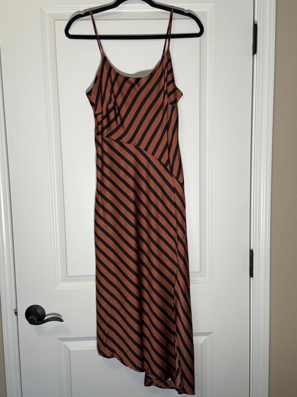 Black and Brown Striped Satin Midi Slip Dress